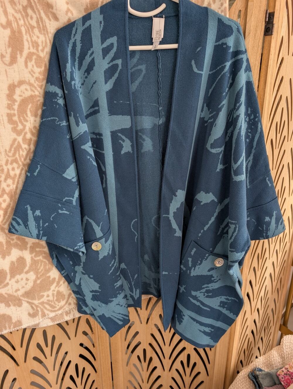 Wynne Layers Deep Teal soft knit jacquard abstract floral drama kimono Large